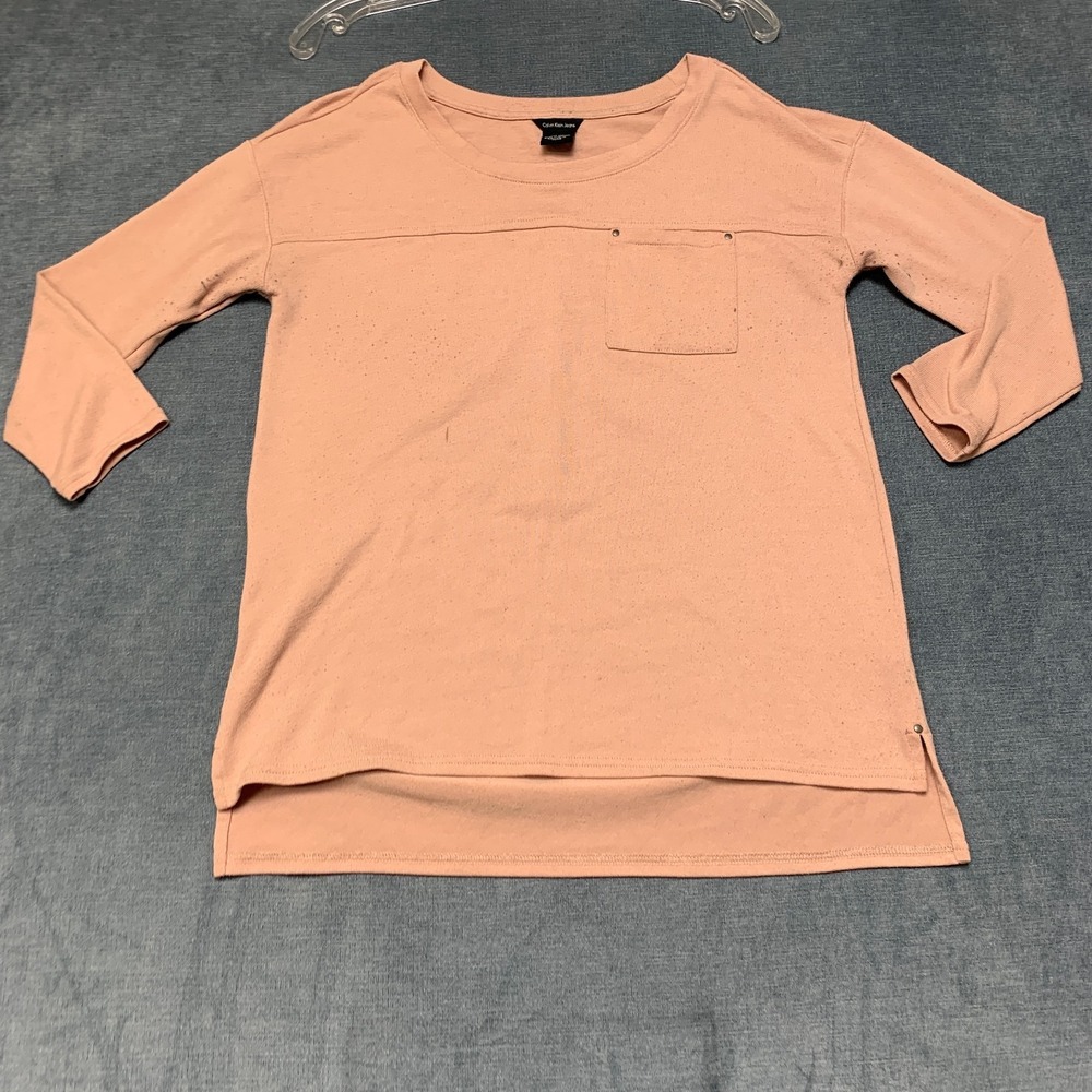 Calvin Klein Jeans Pocket Top Womens S Misty Rose 3/4 Sleeve Crew Neck Pullover